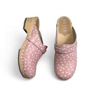 Verka Ledig Pink Polka Dot Leather Clogs Made in Sweden